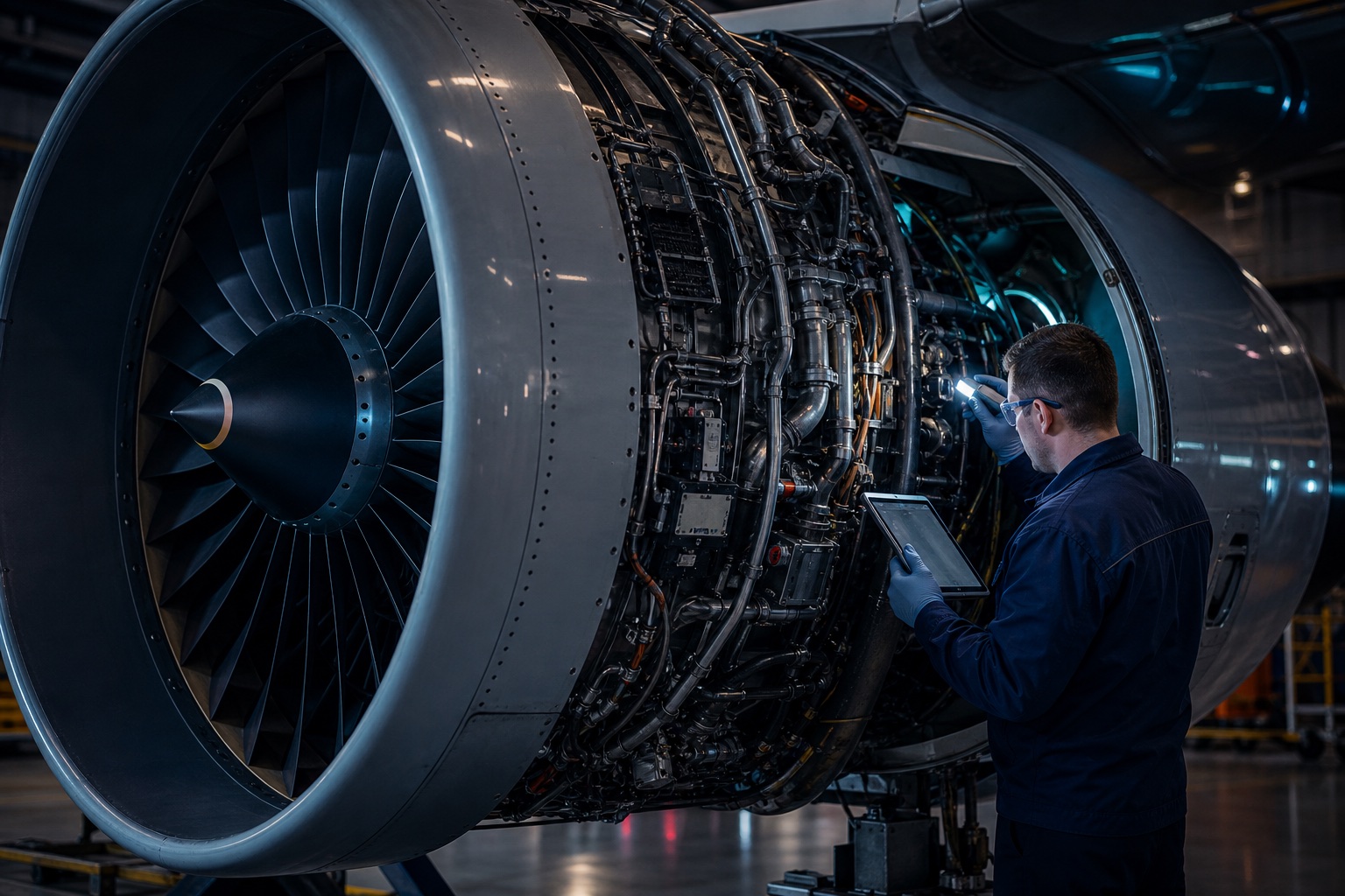 Jet engine inspection in an aviation maintenance hangar